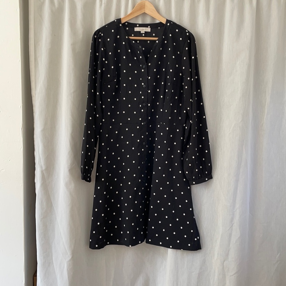 LOFT Black and White Polka Dot Dress with Long Sleeves